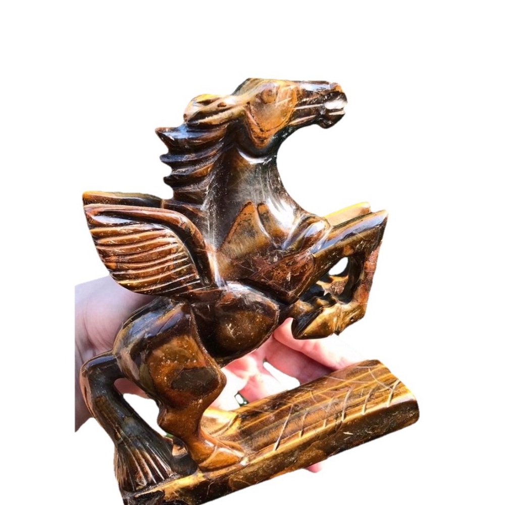Winged Horse Tigers Eye Gemstone Carving Sculpture Pegasus Greek Mythology Art